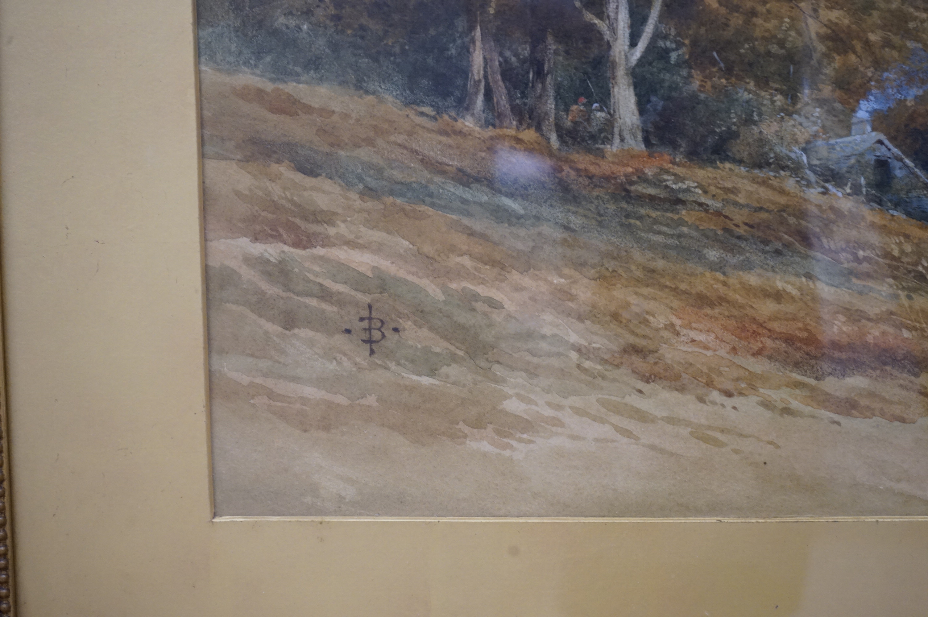 J B, monogrammist, Panoramic mountainous landscape with cottage, watercolour, 51 x 72cm, gilt framed